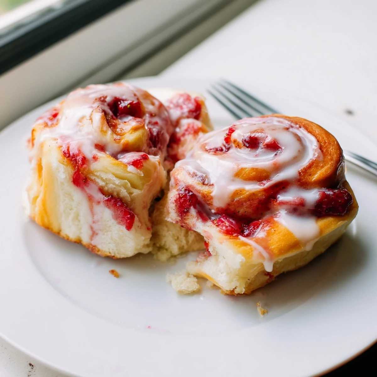 Golden strawberry cheesecake rolls drizzled with sweet vanilla glaze on a rustic plate