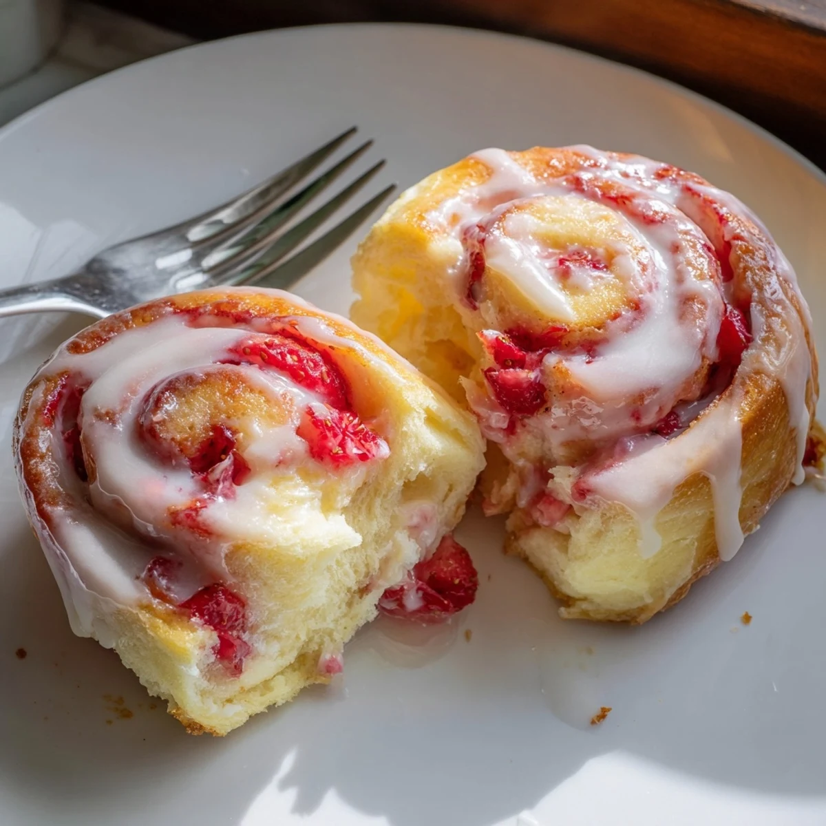 Warm strawberry cheesecake rolls pulled apart revealing rich cream cheese and juicy strawberry filling