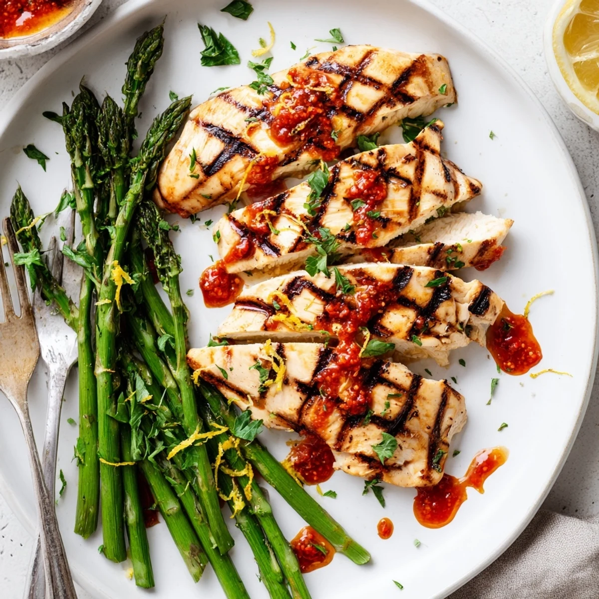 Juicy grilled asparagus chicken drizzled with fiery Calabrian chili sauce on a rustic plate