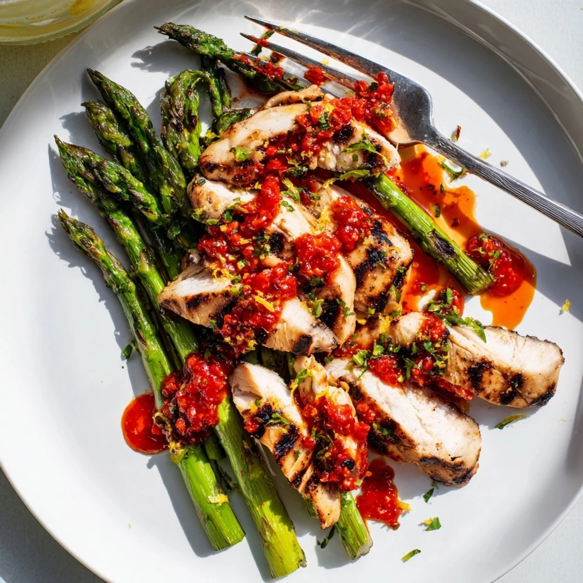 Tender grilled chicken and charred asparagus topped with vibrant spicy Calabrian chili sauce