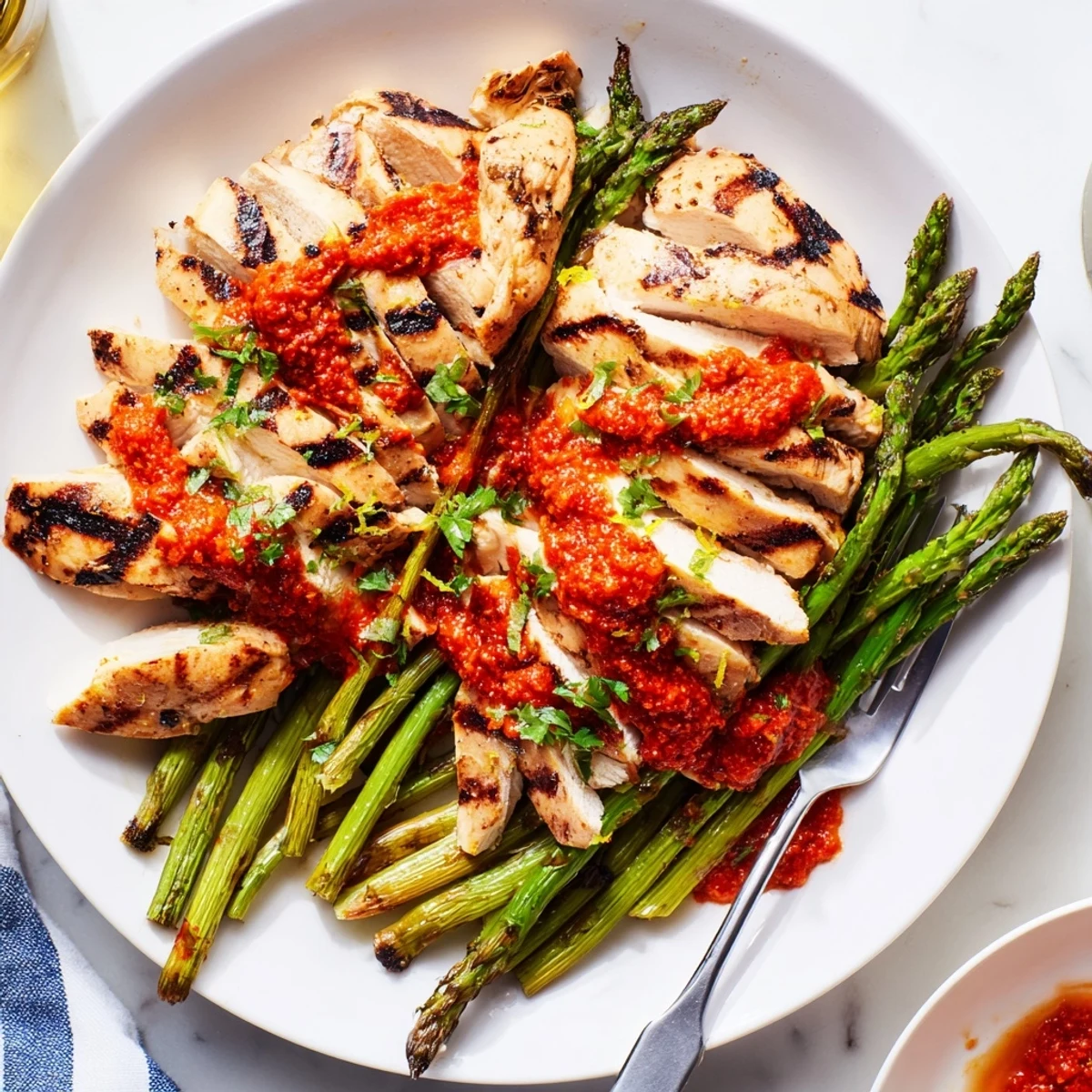 Perfectly grilled chicken breasts with crisp asparagus smothered in bold Calabrian chili sauce