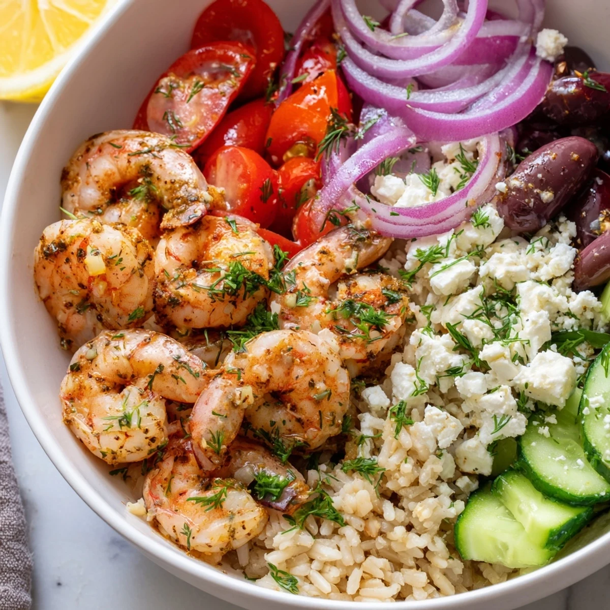 Juicy Greek Shrimp Mediterranean Bowl loaded with fresh veggies and crumbled feta