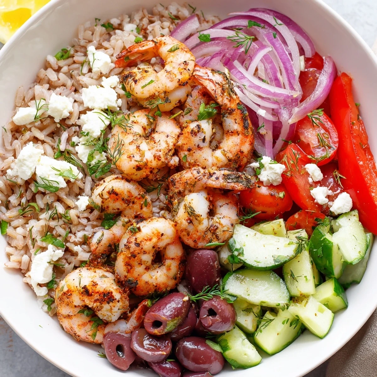Golden seared shrimp over a colorful Greek Shrimp Mediterranean Bowl with lemon dressing