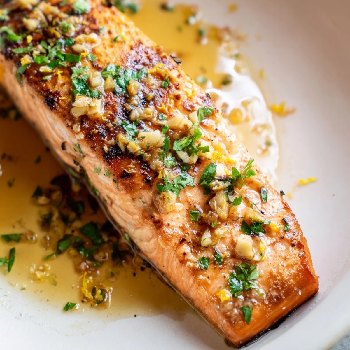 Golden garlic butter salmon fillets drizzled with rich, lemony sauce on a white plate