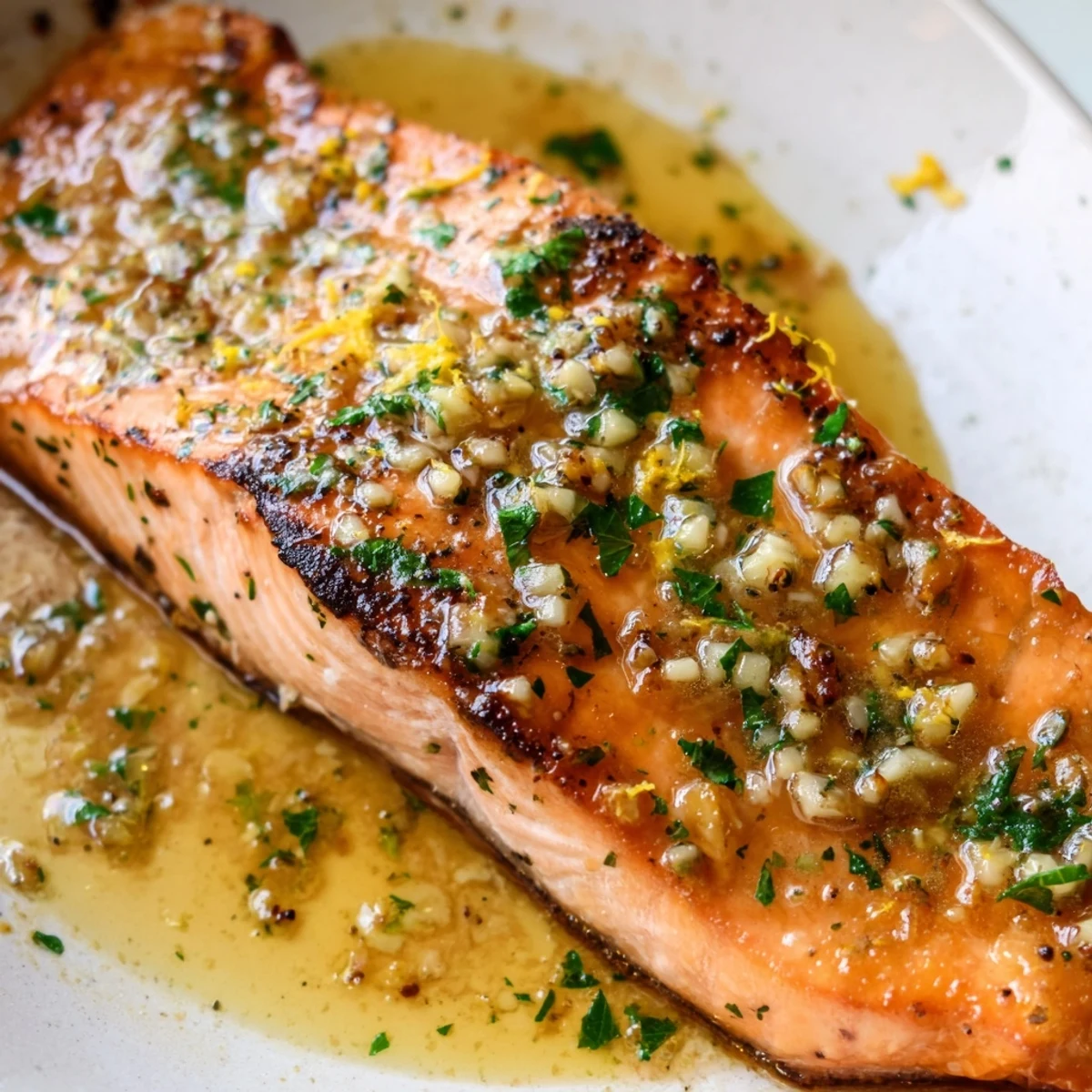 Crispy-skinned garlic butter salmon glistening with melted herb sauce and fresh lemon wedges