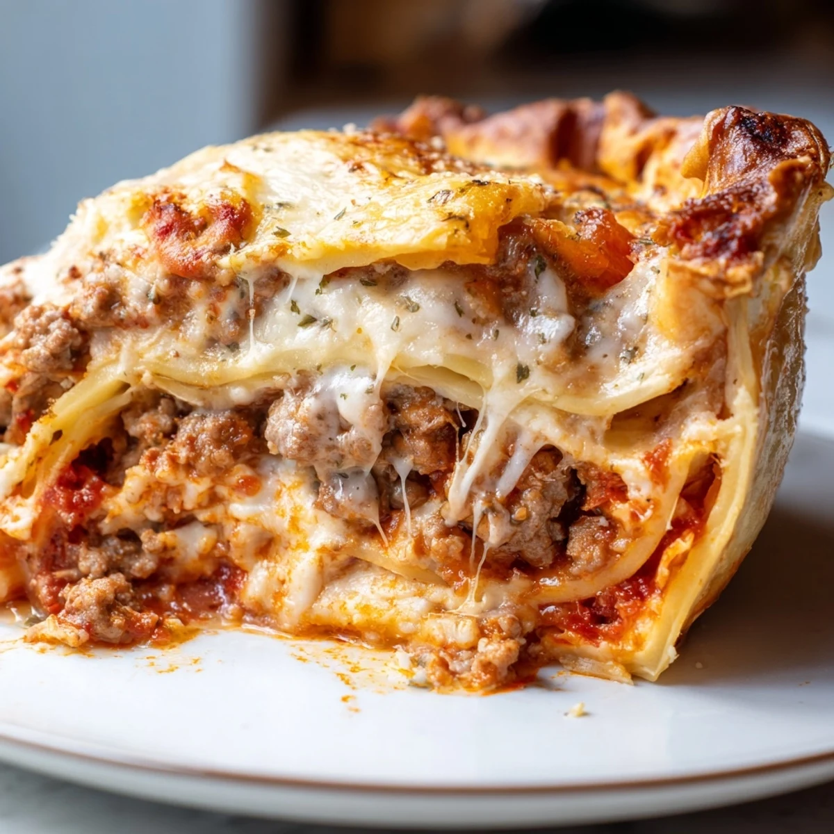 Golden baked cheesy lasagna pie with bubbling mozzarella and rich meat sauce