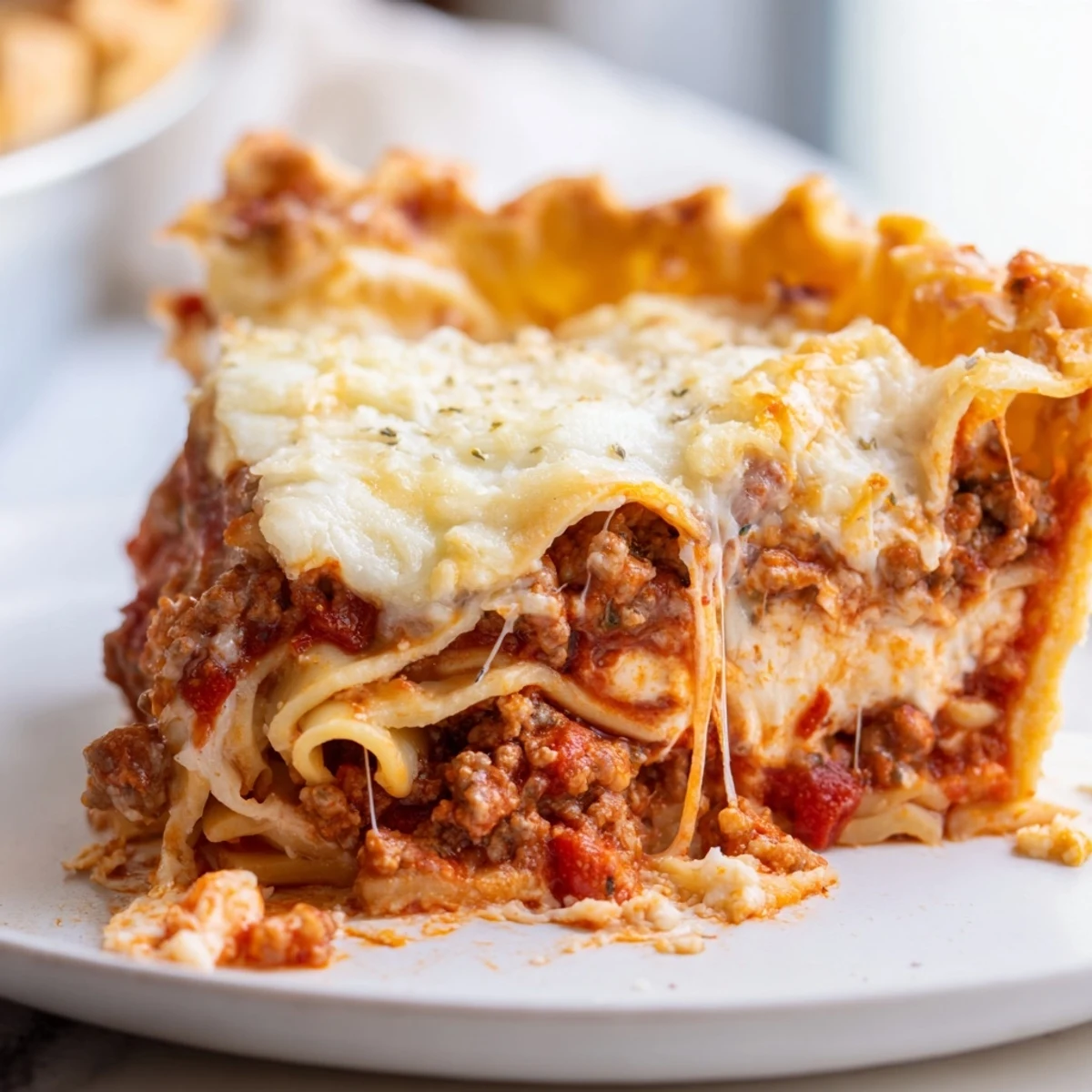Creamy slice of cheesy lasagna pie showing gooey ricotta and tender noodle layers