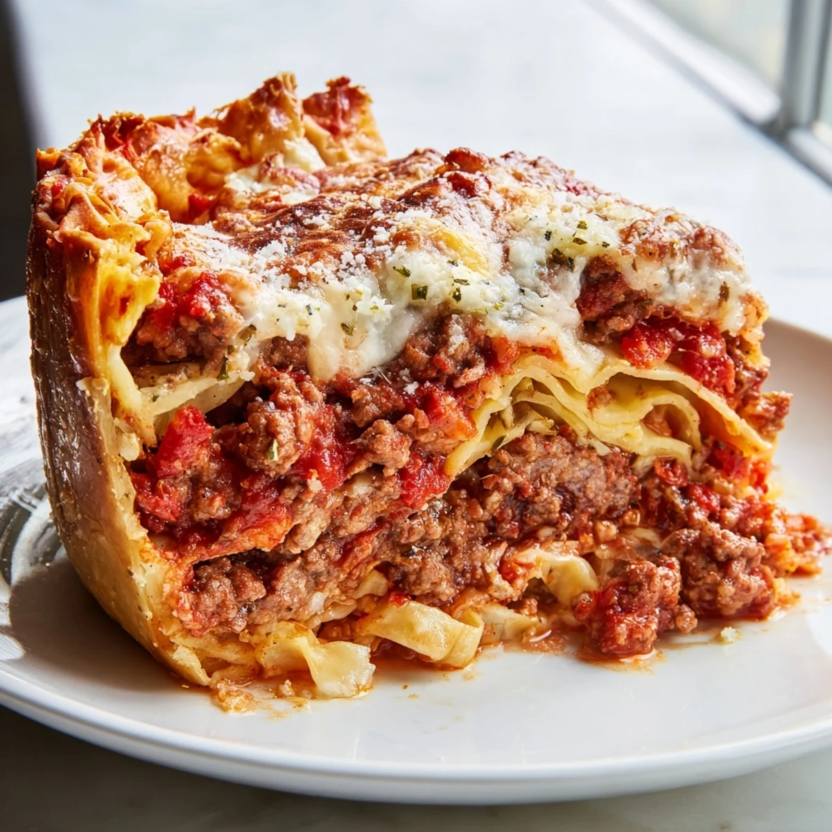 Crusty cheesy lasagna pie fresh from the oven with melted Parmesan and herb marinara