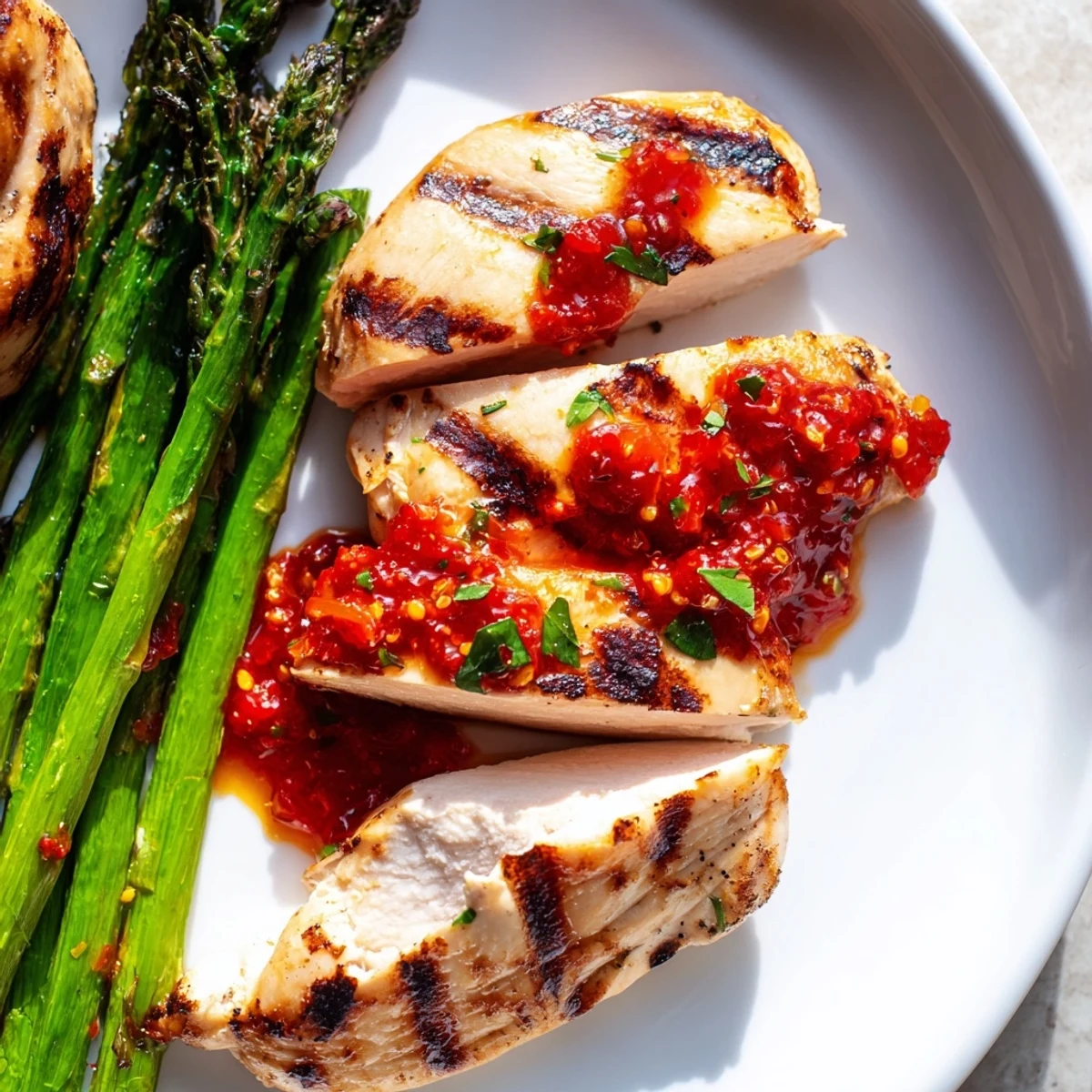 Juicy grilled asparagus chicken drizzled with vibrant Calabrian chili sauce on a rustic plate