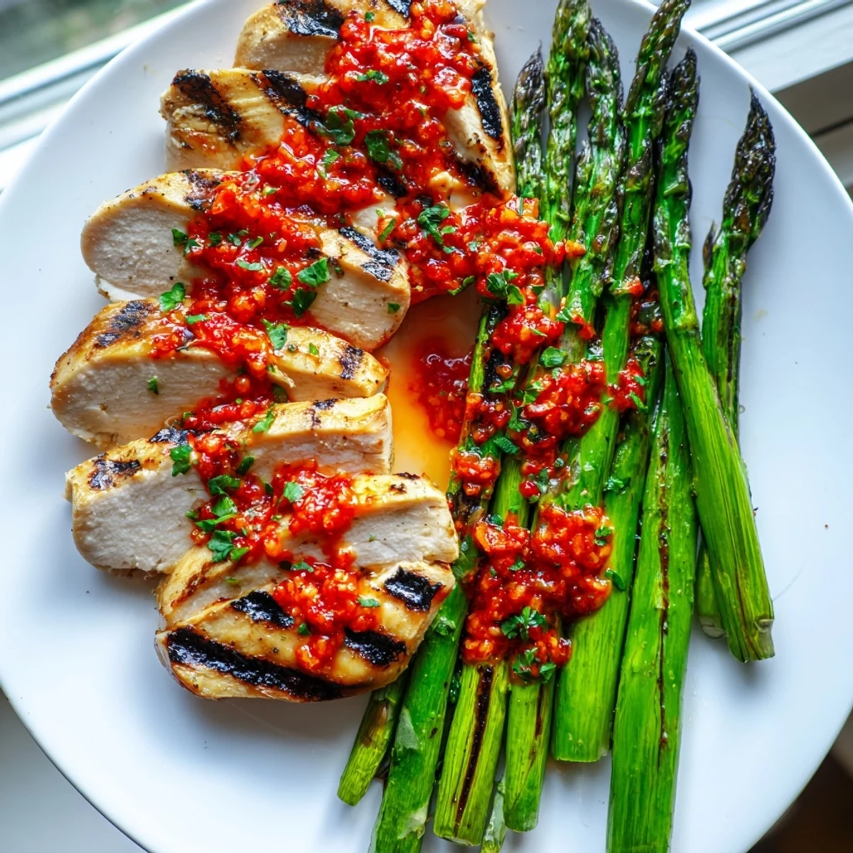 Golden grilled chicken breasts nestled beside charred asparagus under a generous layer of spicy Calabrian chili sauce
