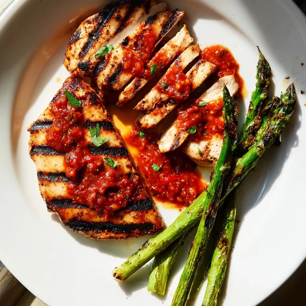 Tender grilled asparagus chicken glistening with zesty Calabrian chili sauce, ready for a weeknight dinner