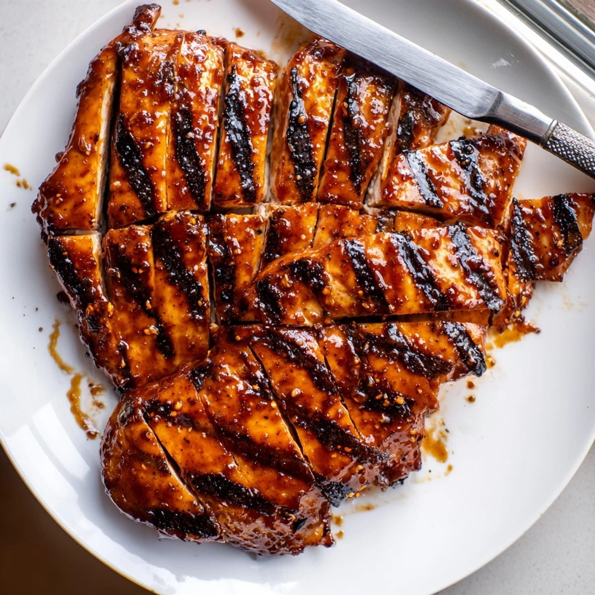 Juicy grilled Coca Cola glazed chicken breast with caramelized grill marks on a plate