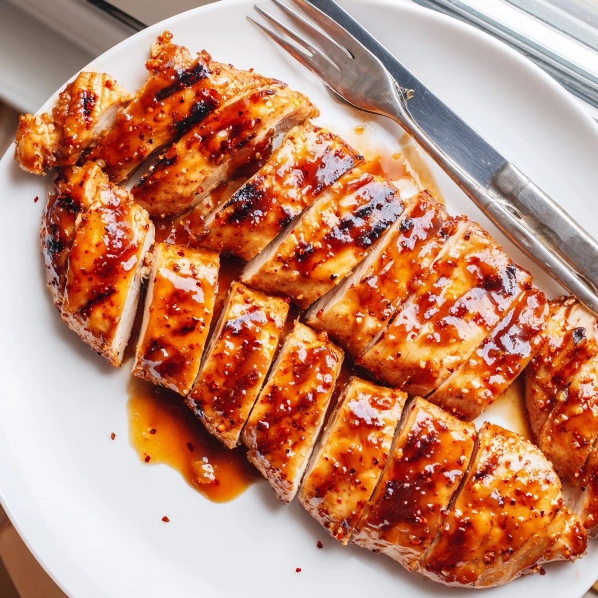 Tender Coca Cola glazed chicken breast sliced open revealing steamy moist meat