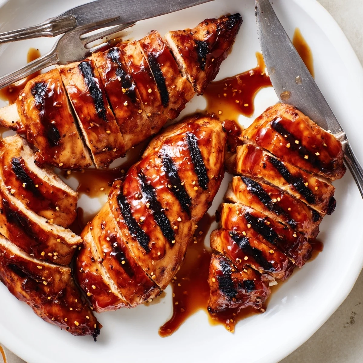 Golden Coca Cola glazed chicken breast drizzled with sticky glaze beside grilled corn