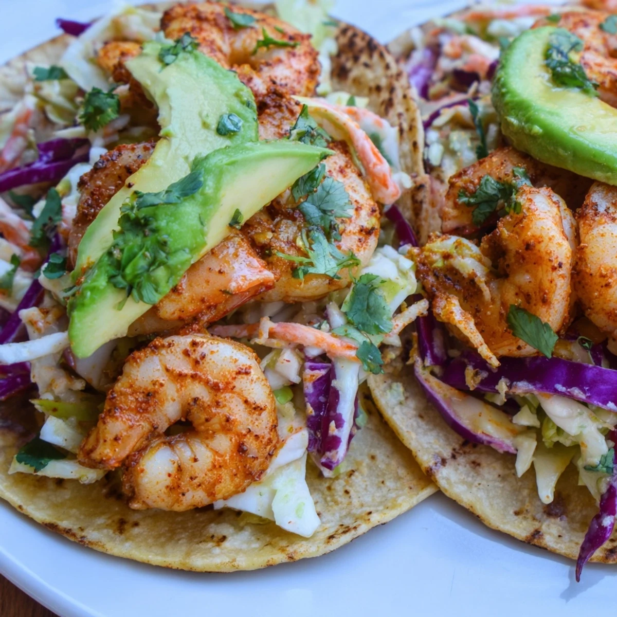 Golden spicy shrimp tacos topped with creamy garlic cilantro lime slaw on warm tortillas