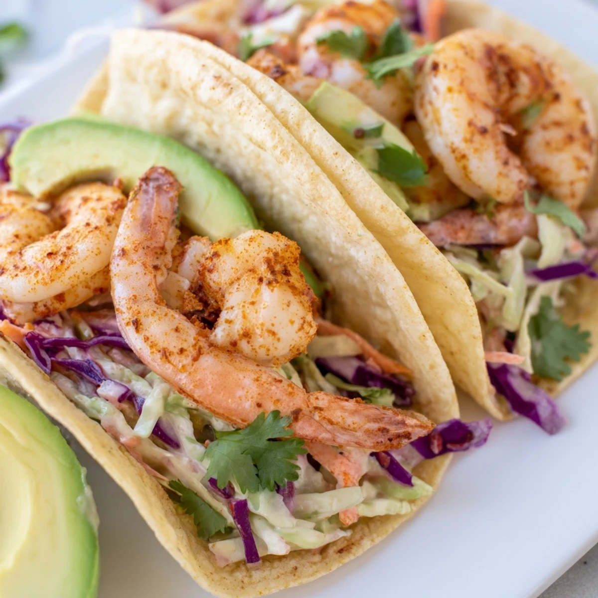 Crispy cabbage garlic cilantro lime slaw piled high on spicy shrimp tacos with avocado