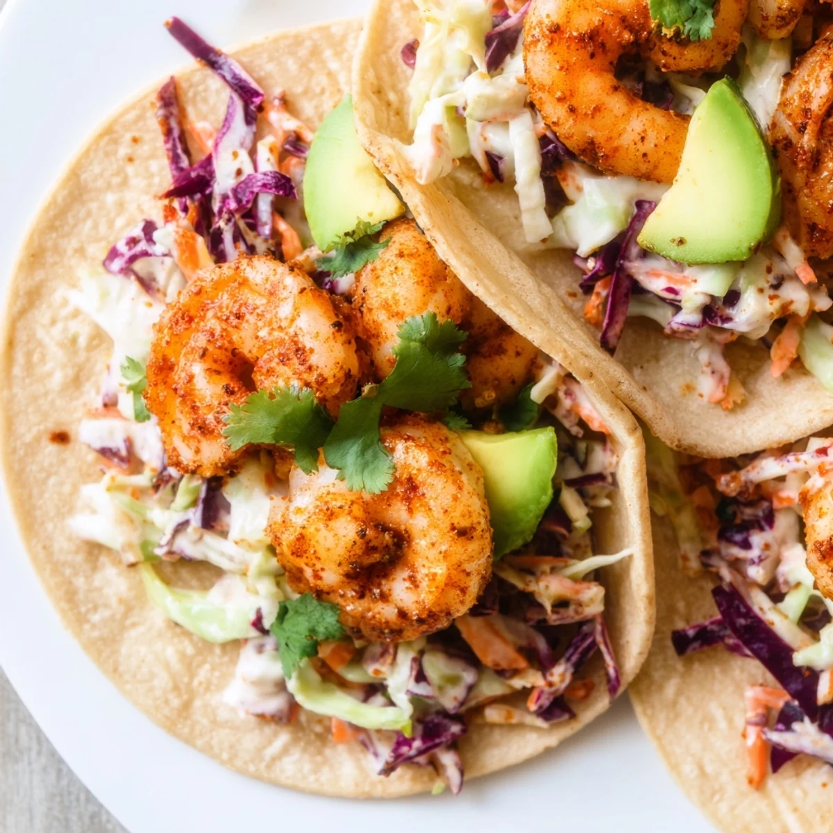 Close-up of spicy shrimp tacos drizzled with tangy garlic cilantro lime slaw and fresh lime