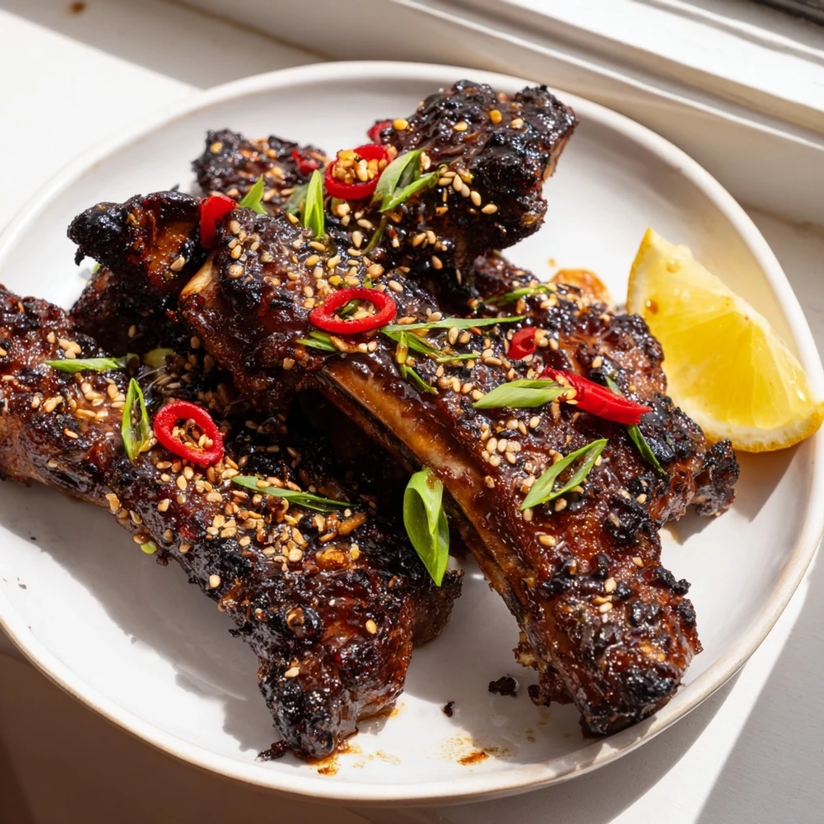Korean BBQ lamb ribs glazed in gochujang sauce with a bright yuzu finish