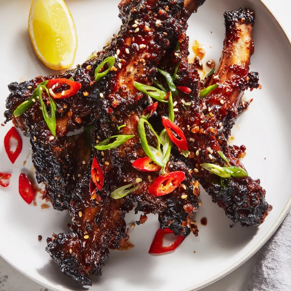 Caramelized Korean BBQ lamb ribs garnished with sesame seeds and fresh yuzu wedges