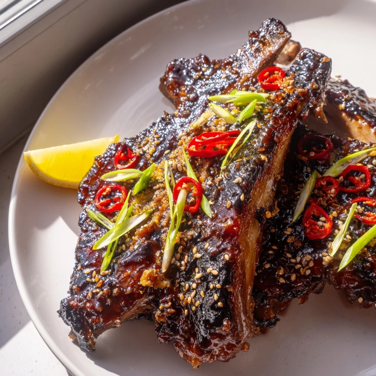 Charred sticky Korean BBQ lamb ribs resting on a platter with sliced spring onions and yuzu