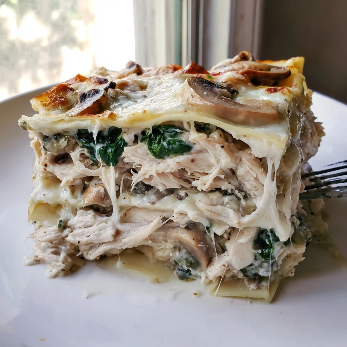 Golden bubbling white chicken lasagna with melted mozzarella and fresh herbs on top
