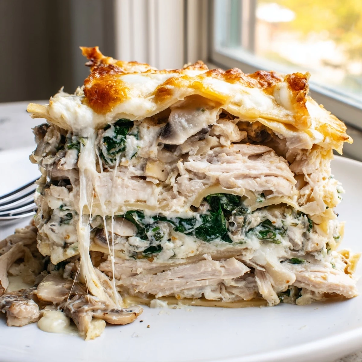 White chicken lasagna layered with ricotta spinach and tender shredded chicken