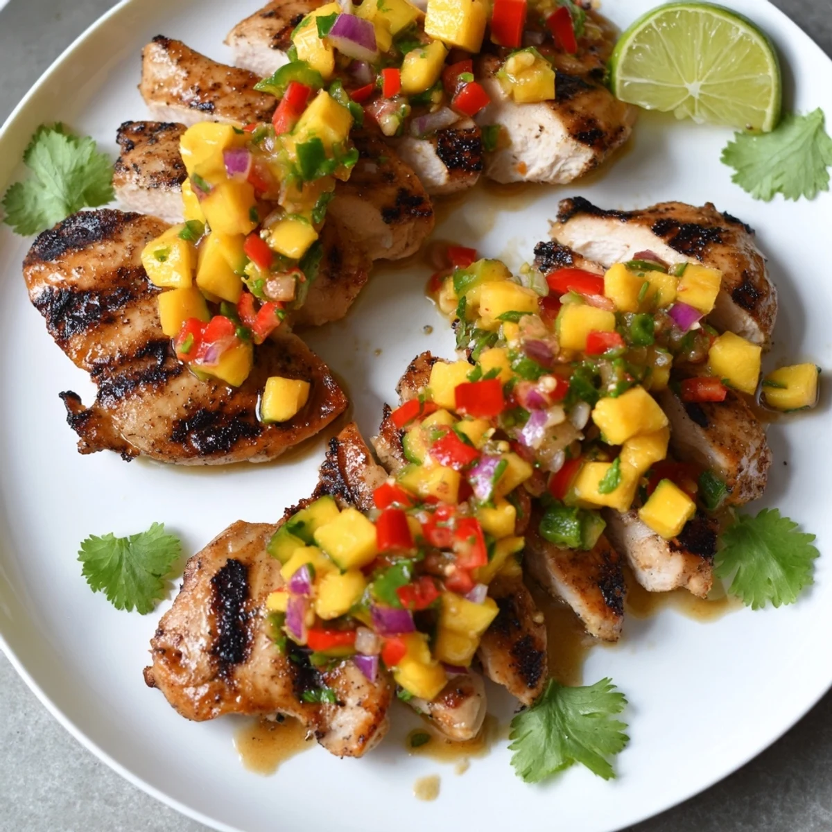 Juicy honey lime chicken with vibrant mango salsa on a white plate