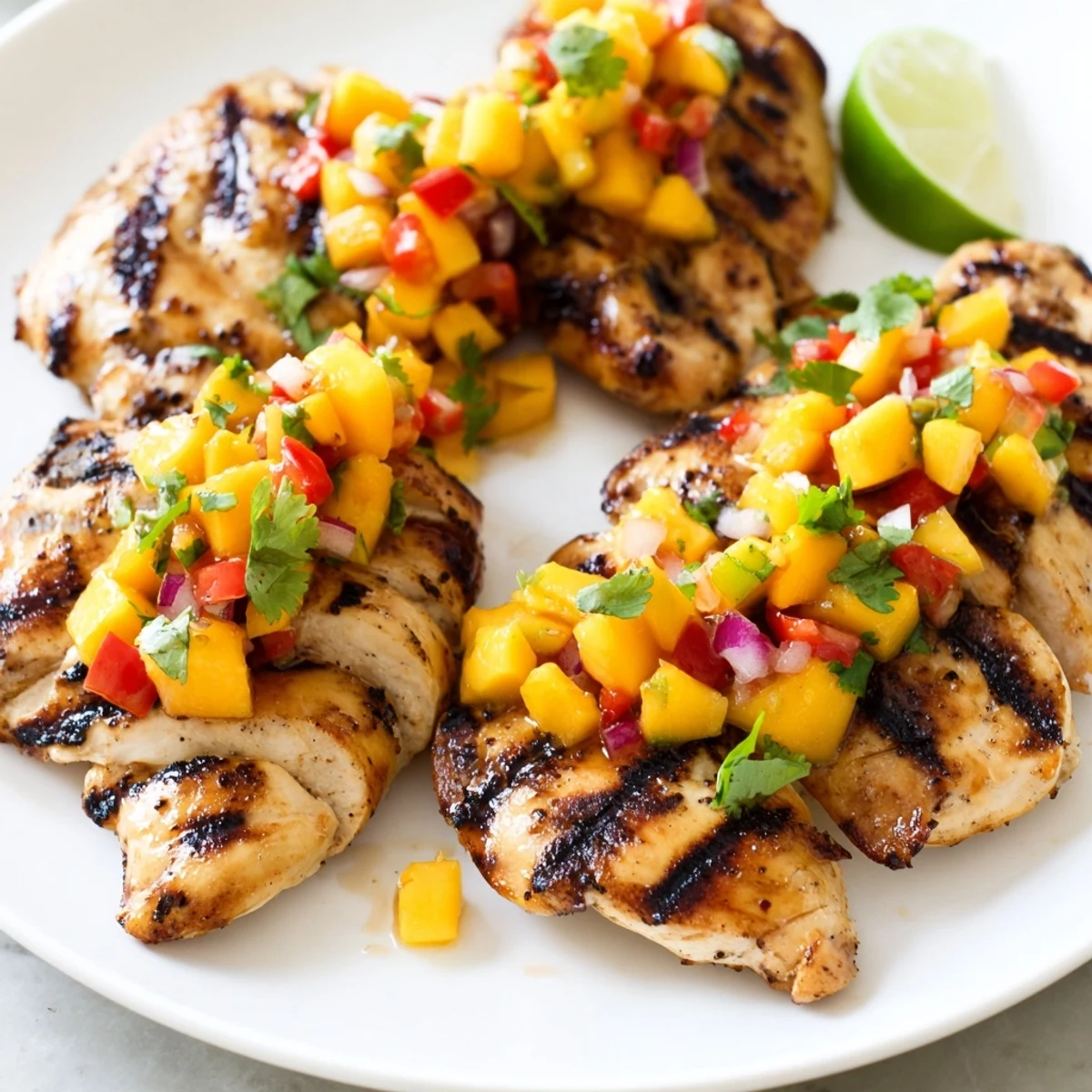 Golden grilled honey lime chicken topped with colorful tropical mango salsa