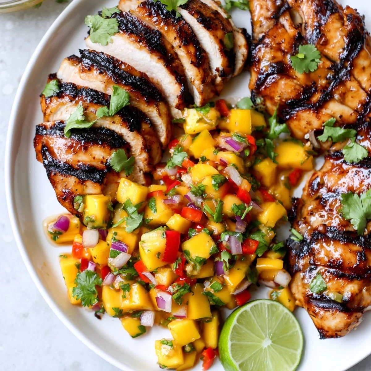 Sliced honey lime chicken draped in fresh mango salsa with cilantro garnish