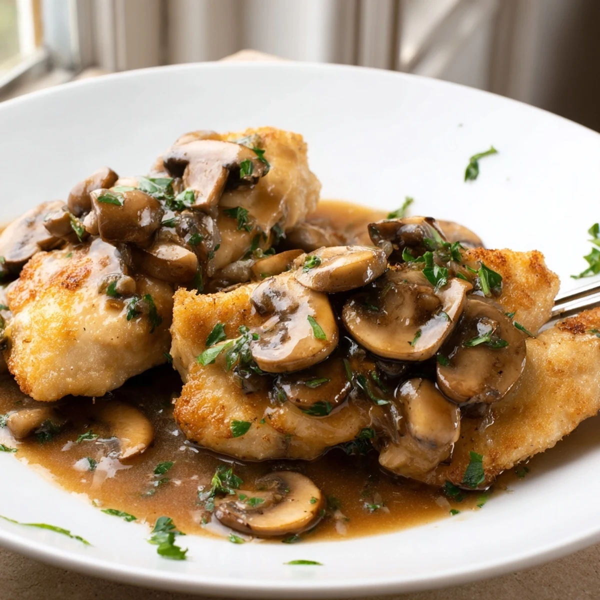 Golden pan-seared dairy-free Chicken Marsala smothered in a rich, savory mushroom wine sauce