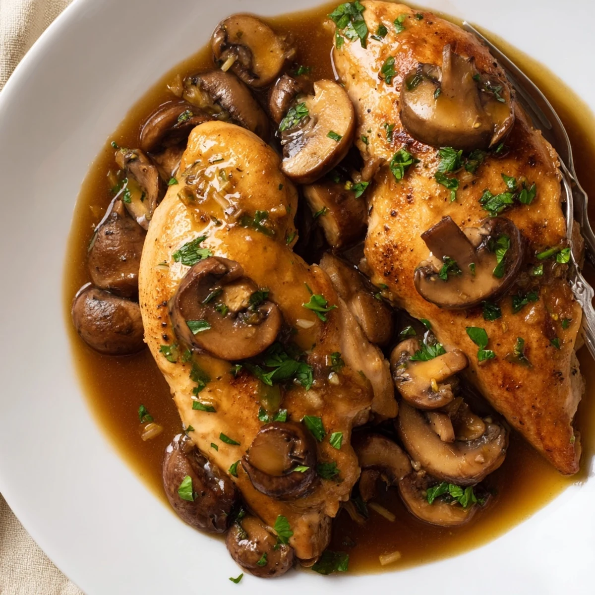 Tender dairy-free Chicken Marsala with caramelized cremini mushrooms in a glossy Marsala pan sauce