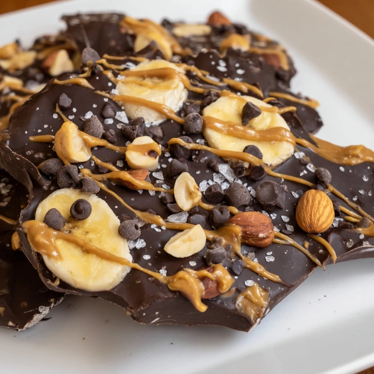 Cracked chocolate banana bark topped with roasted nuts and flaky sea salt