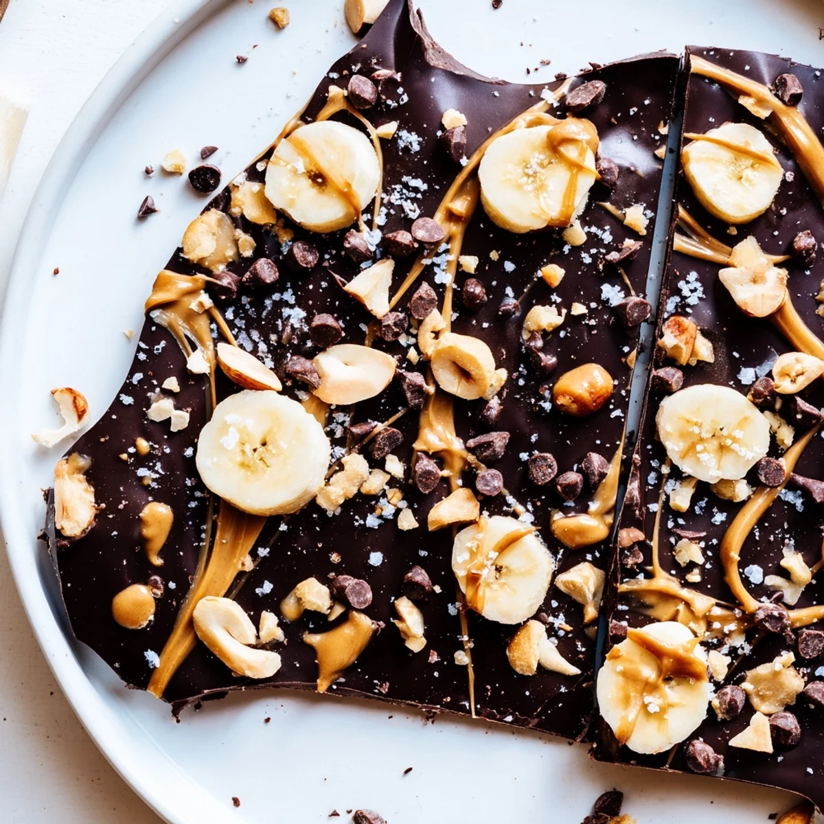 Smooth chocolate blanket drizzled with peanut butter over sliced ripe bananas