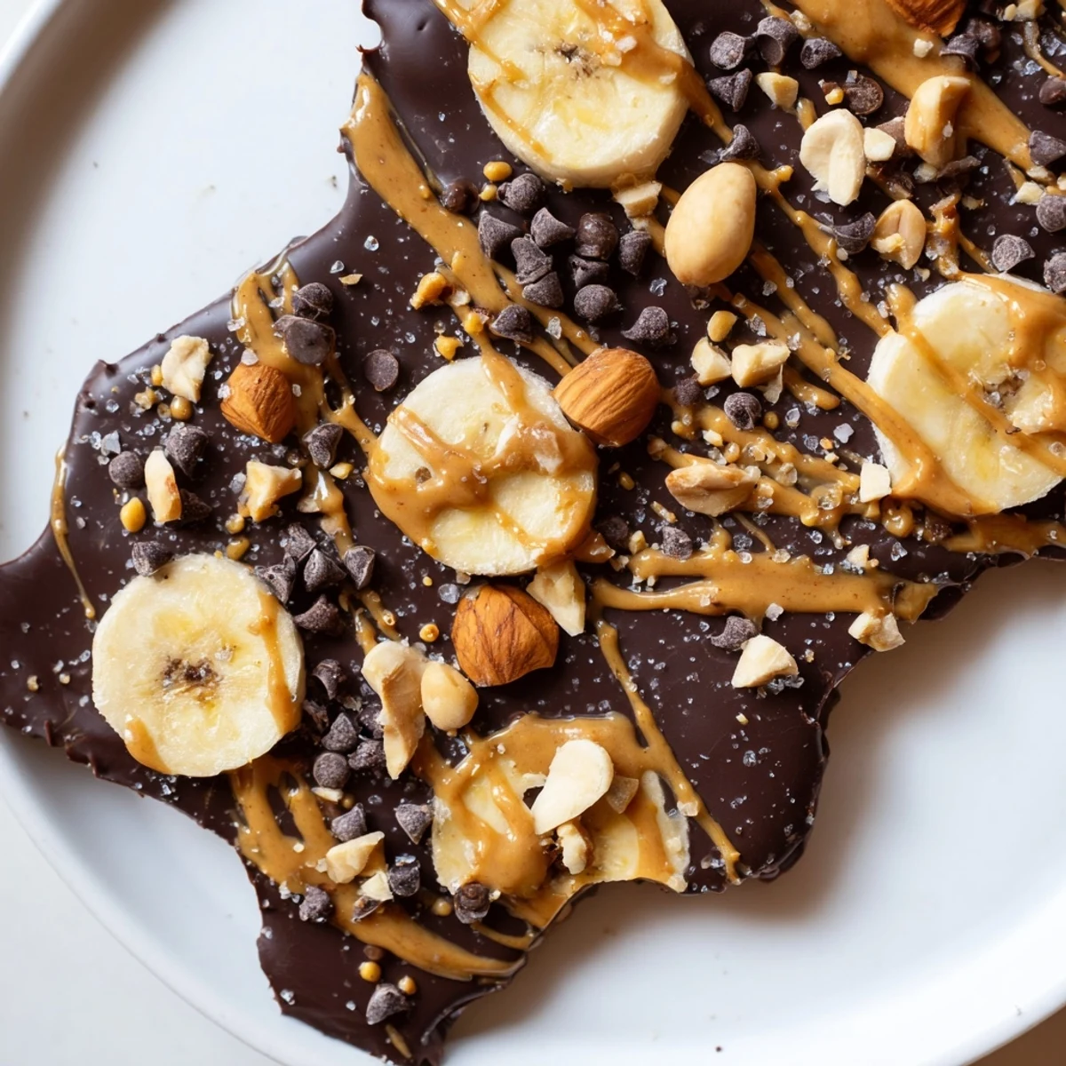 Shiny dark chocolate banana bark studded with crushed nuts and mini chips