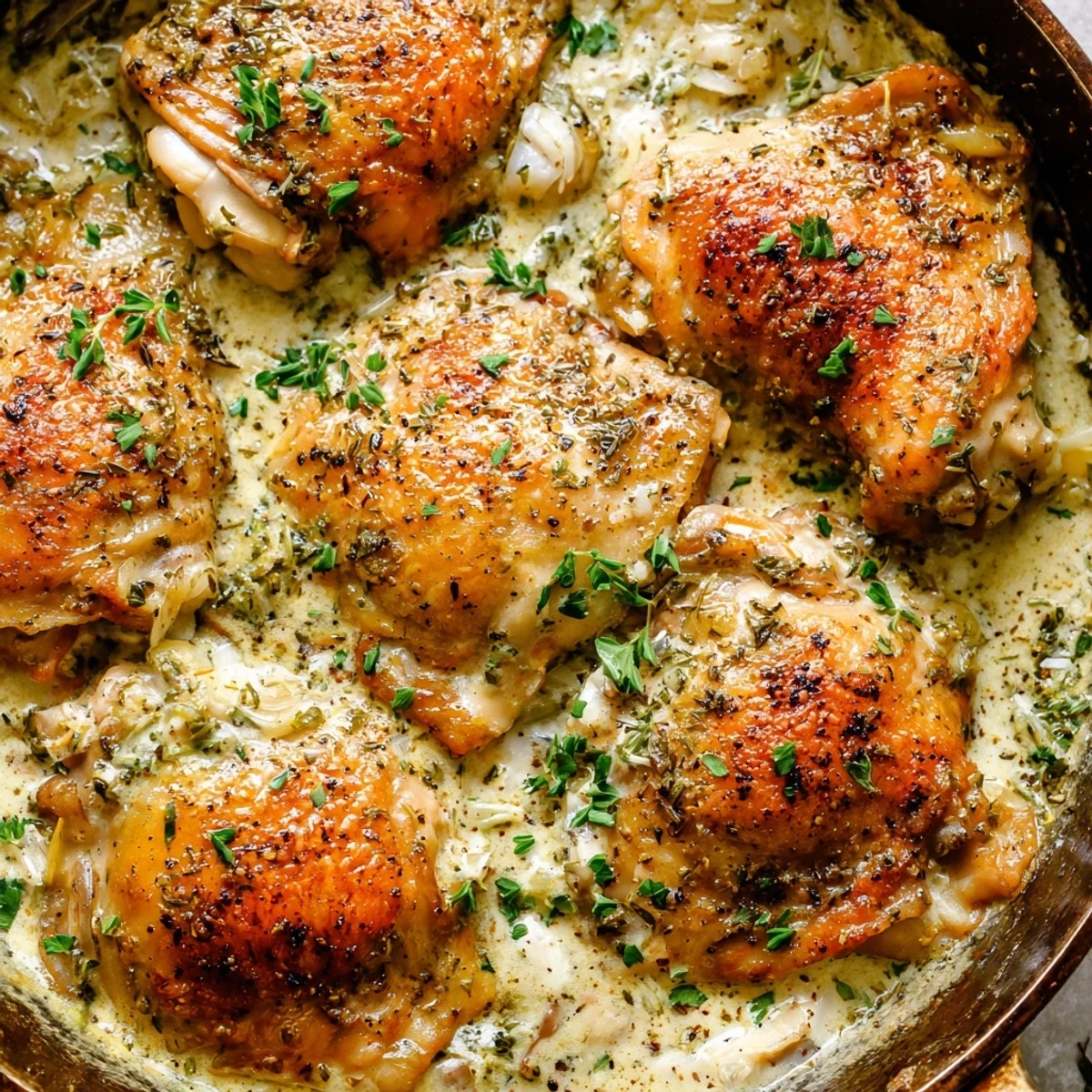 Golden creamy oven baked chicken thighs swimming in a rich herb garlic sauce
