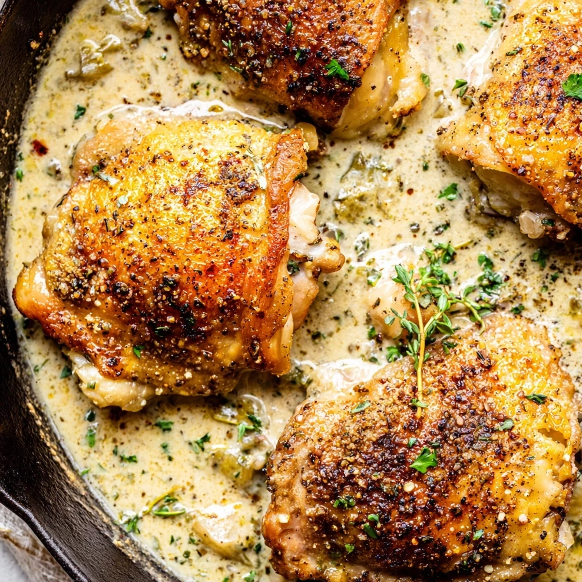 Juicy creamy oven baked chicken thighs with crispy skin in a velvety pan sauce
