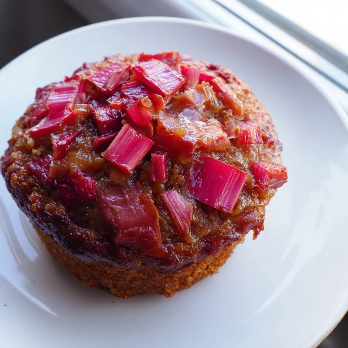 Tender upside down rhubarb muffins flipped to reveal a jewel-toned sticky rhubarb topping on a wire rack