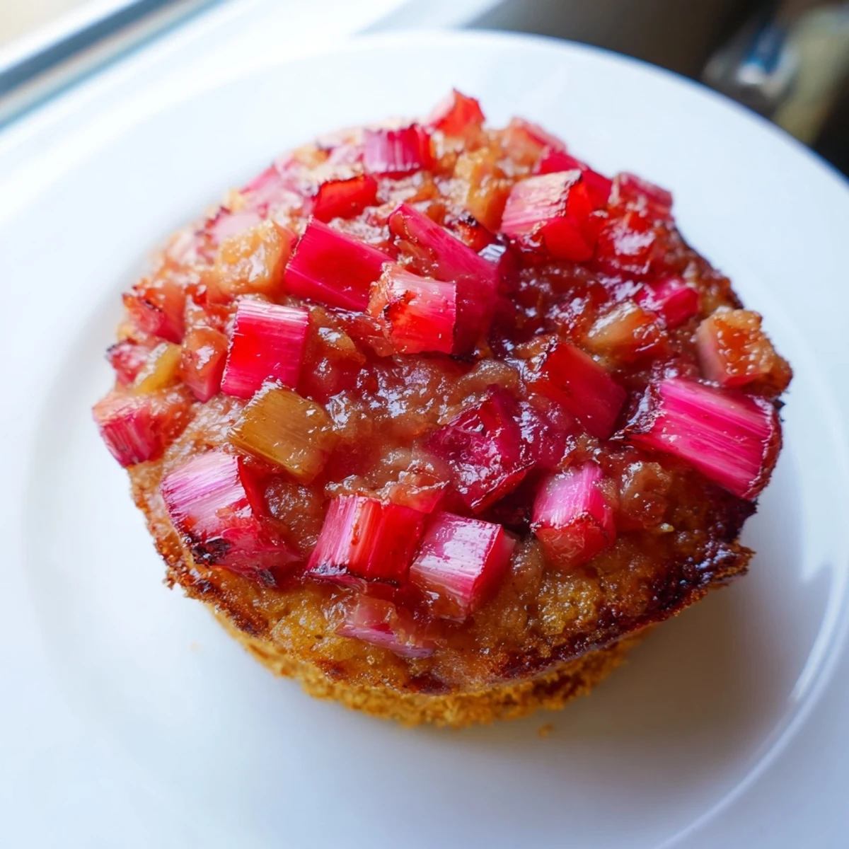 Golden upside down rhubarb muffins with glistening caramelized fruit on top, fresh from the oven