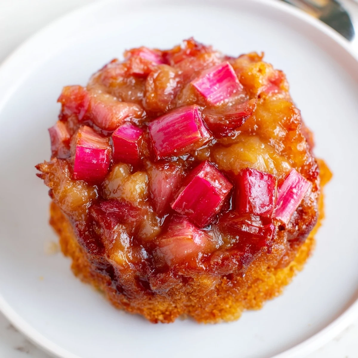 Warm upside down rhubarb muffins served on a rustic plate, their sweet-tart fruit crowns glistening with buttery syrup