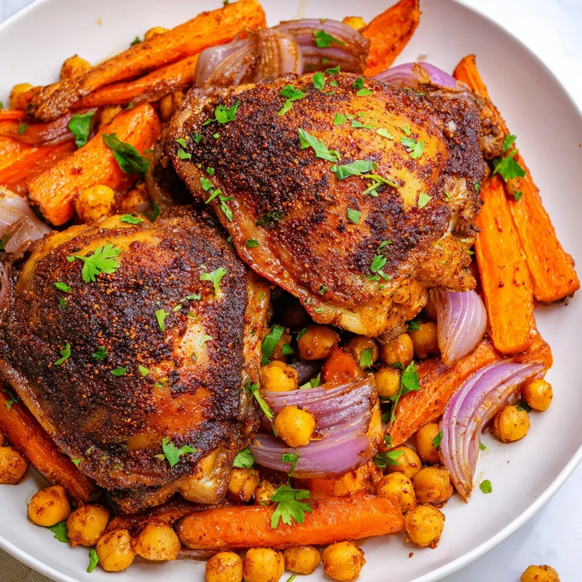 Golden sumac chicken with carrots and chickpeas fresh from a sizzling oven pan