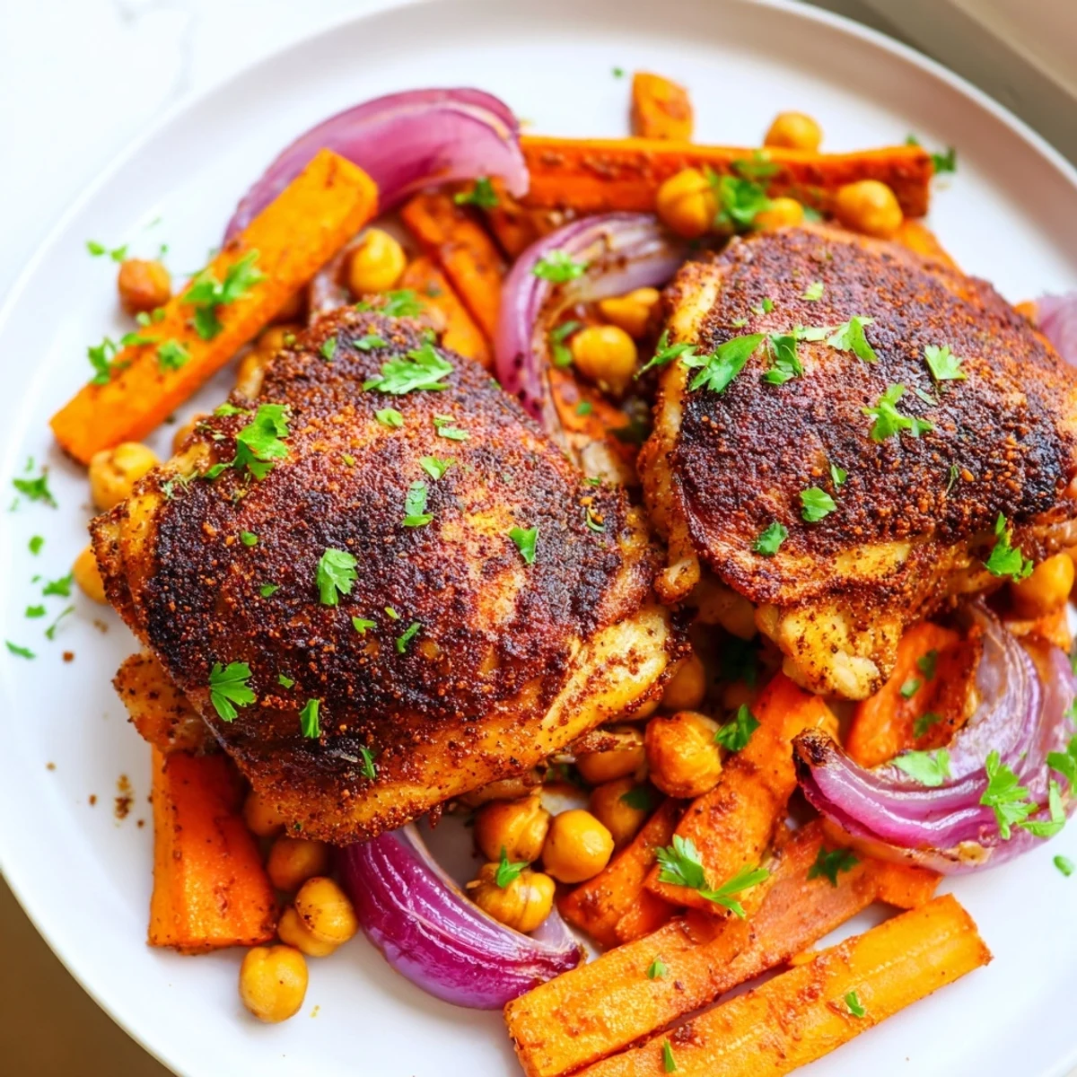 Crispy-skinned sumac chicken nestled beside sweet roasted carrots and tender chickpeas