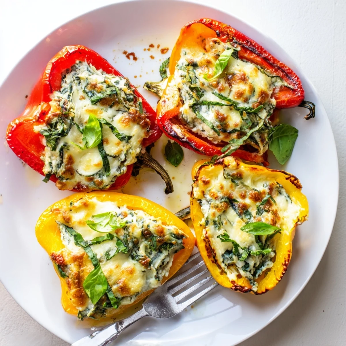 Golden baked ricotta stuffed peppers with bubbling mozzarella and fresh herbs on top