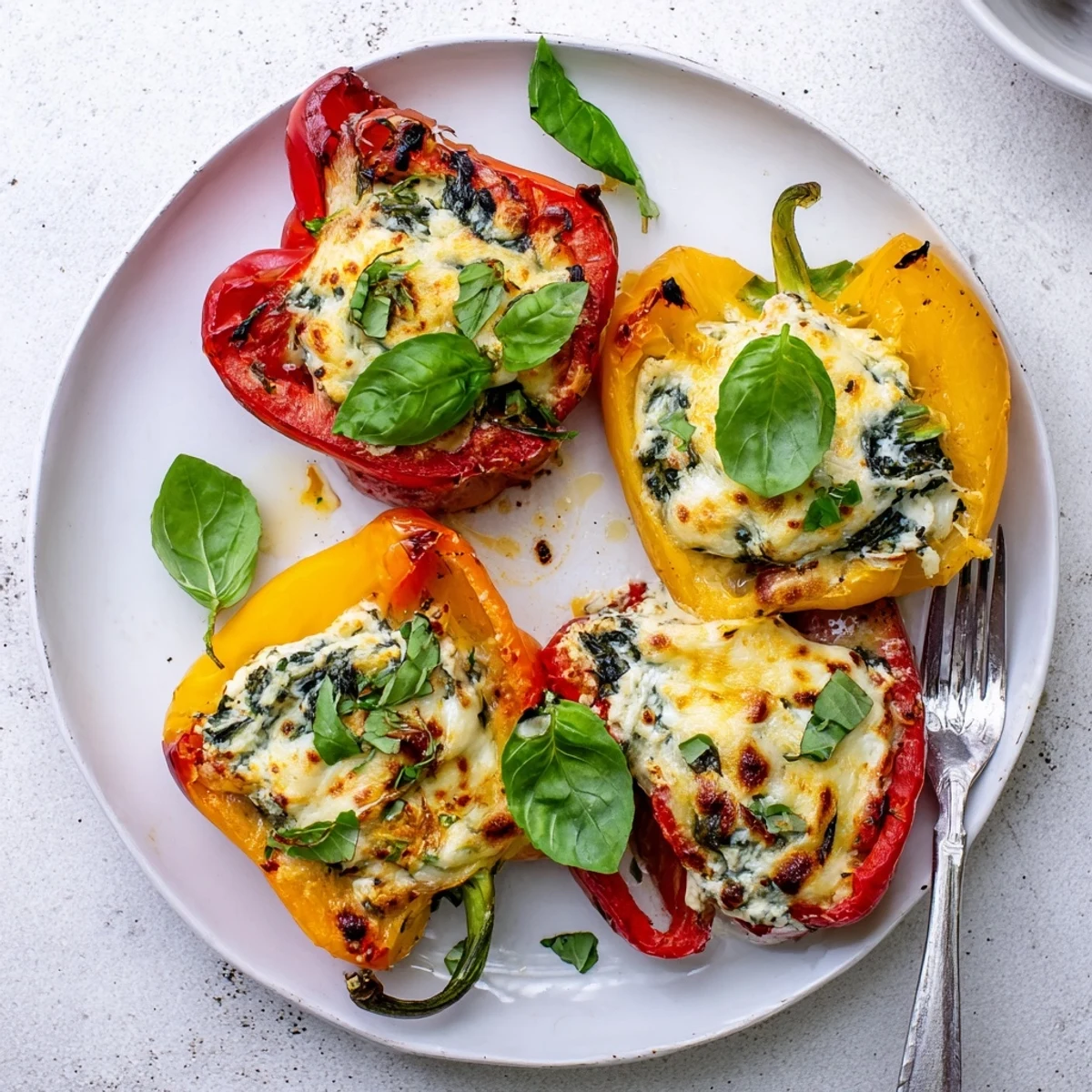 Creamy ricotta stuffed peppers roasted until tender and served on a rustic plate