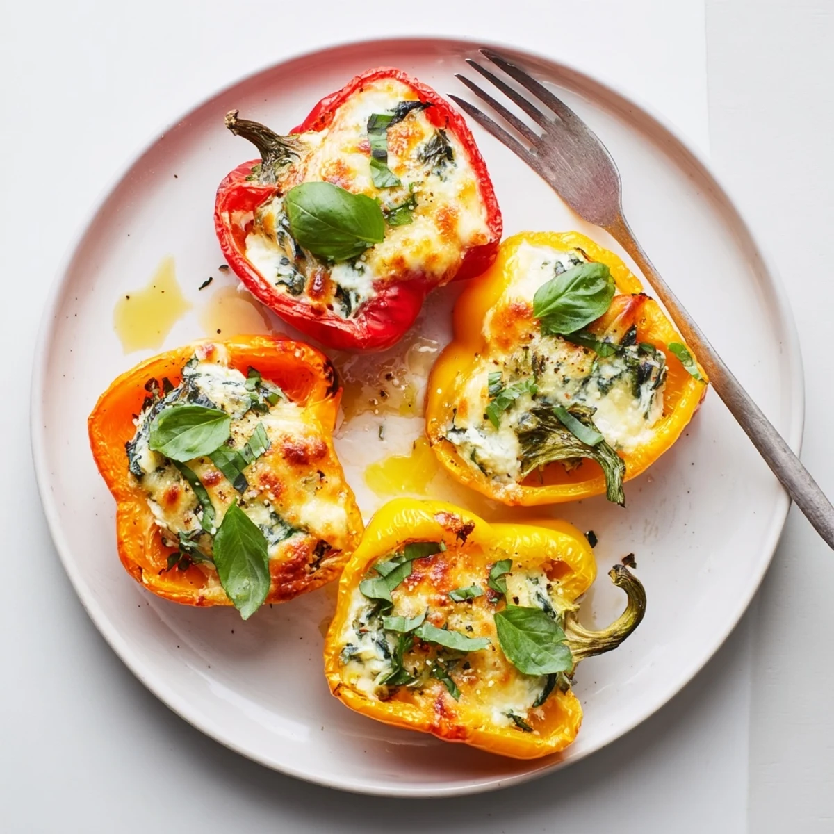 Vibrant bell peppers filled with herbed ricotta and spinach fresh from the oven