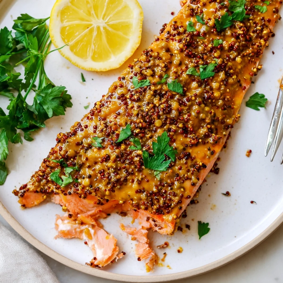Golden baked honey mustard salmon fillet glistening with sweet glaze and fresh parsley