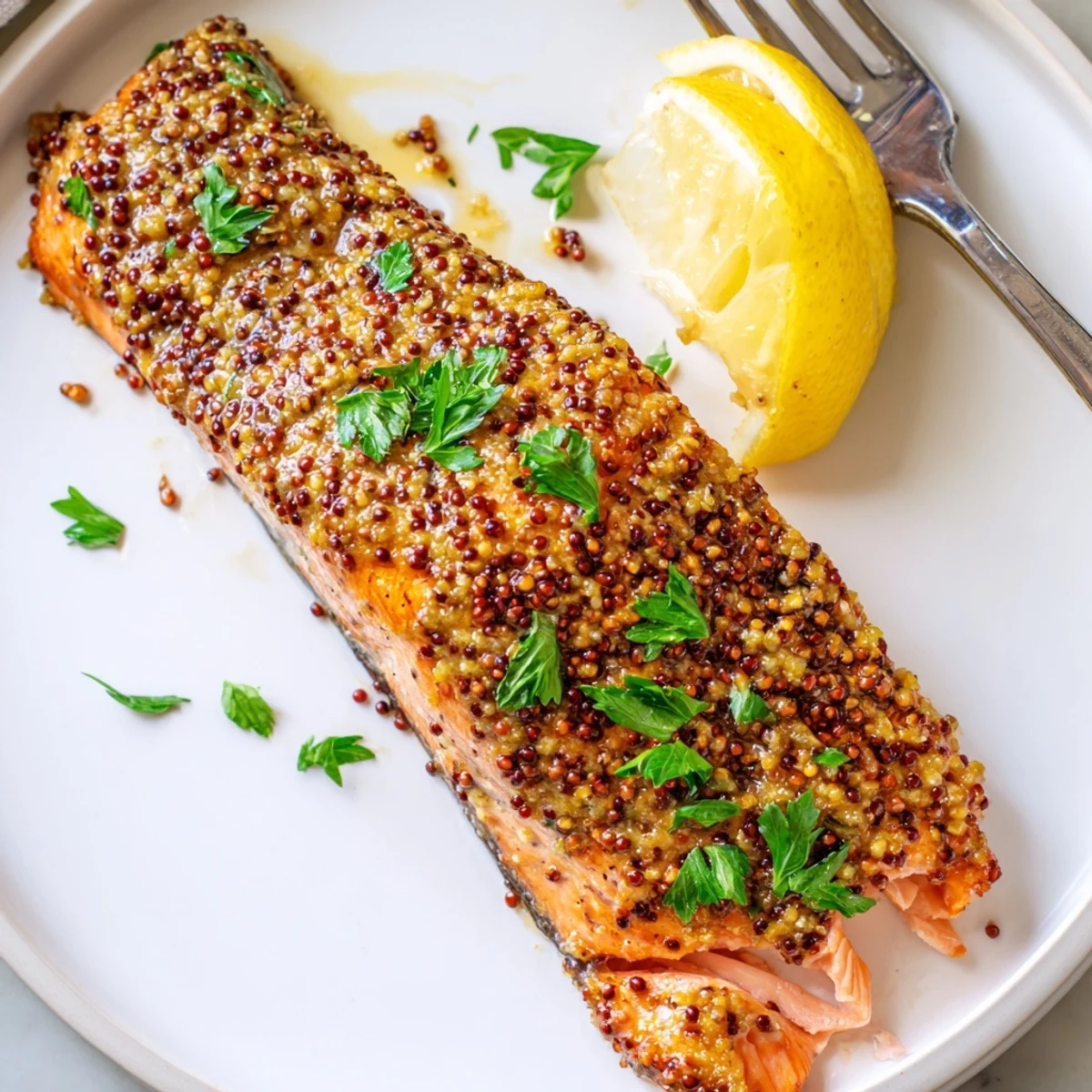 Tender baked honey mustard salmon topped with glossy Dijon glaze ready to serve