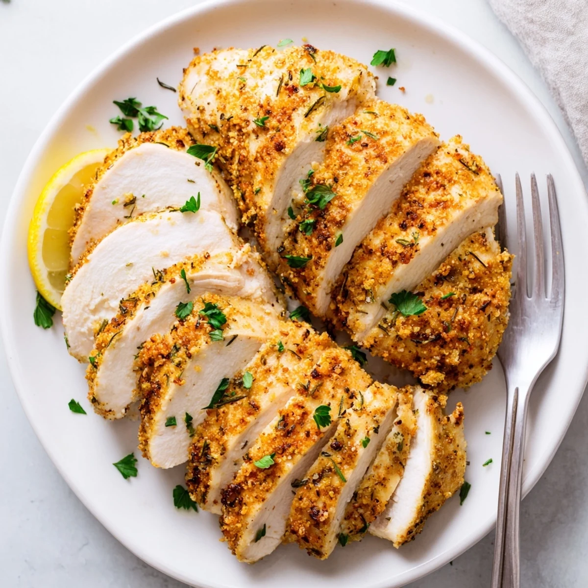 Golden oven baked chicken breasts with herbs on a white baking sheet