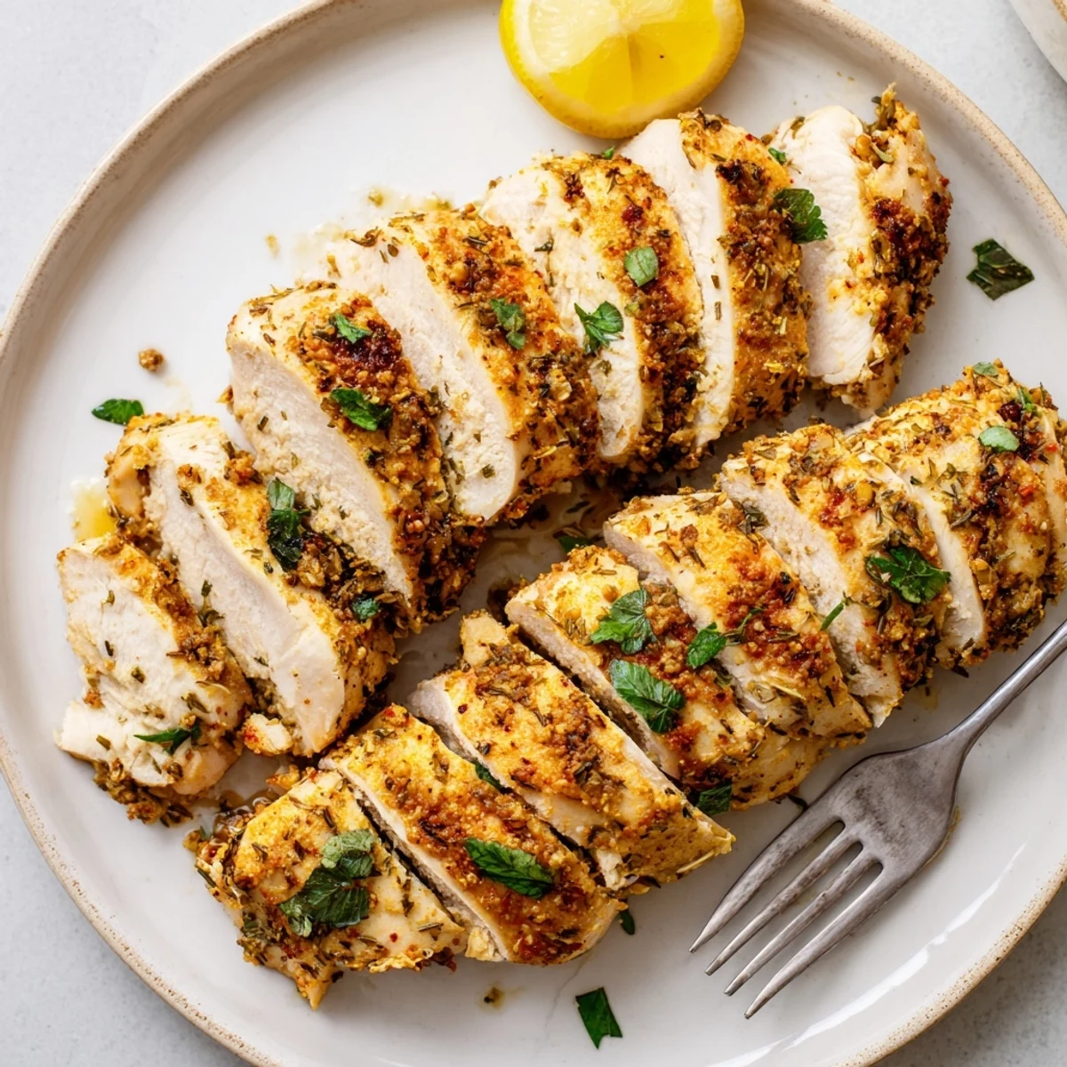 Juicy oven baked chicken breasts sliced open garnished with fresh parsley