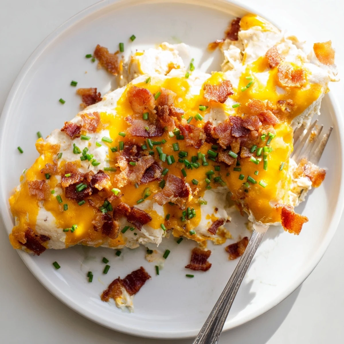 Golden bubbling baked crack chicken with crispy bacon and melted cheddar in a rustic dish