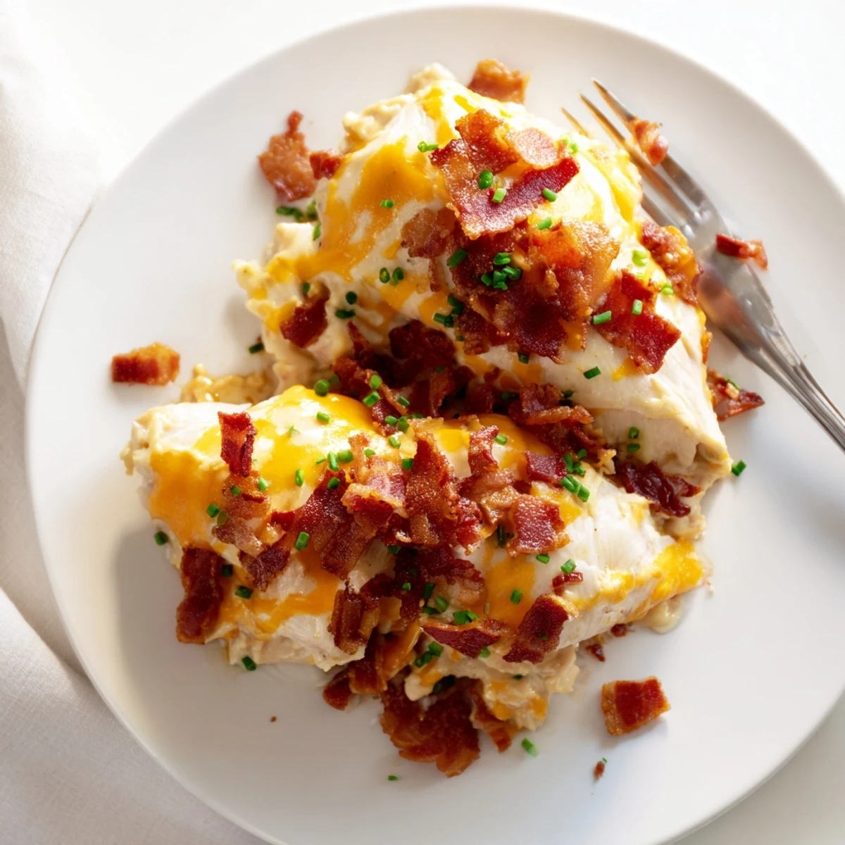 Juicy baked crack chicken smothered in ranch cream cheese sauce with gooey cheddar topping